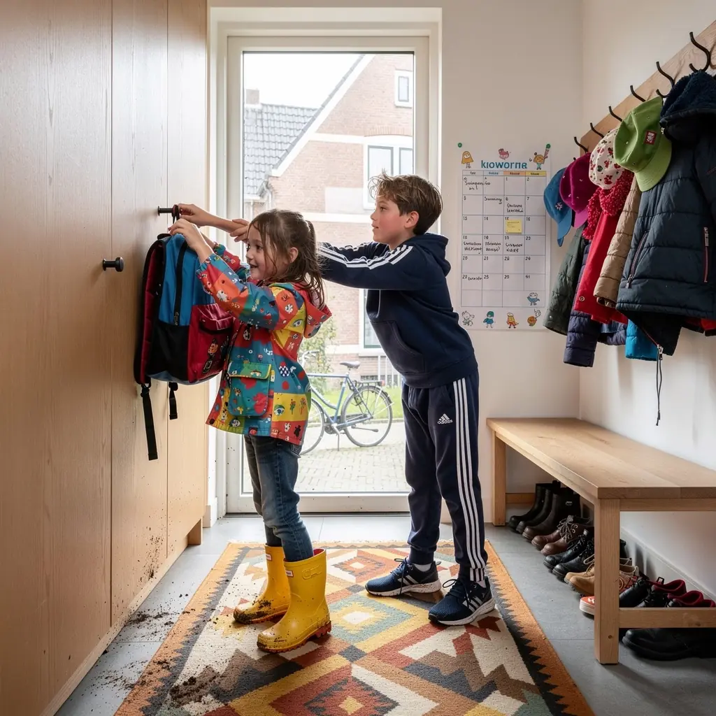 Een gezin dat samen een maaltijd kookt in een georganiseerde keuken.