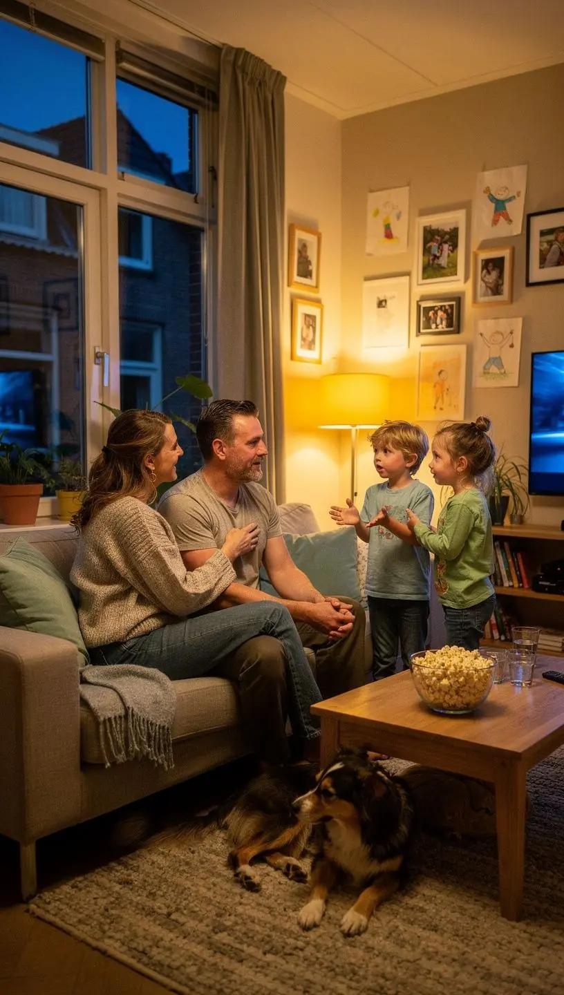 Een sfeervolle woonkamer met opbergruimte voor speelgoed en boeken.