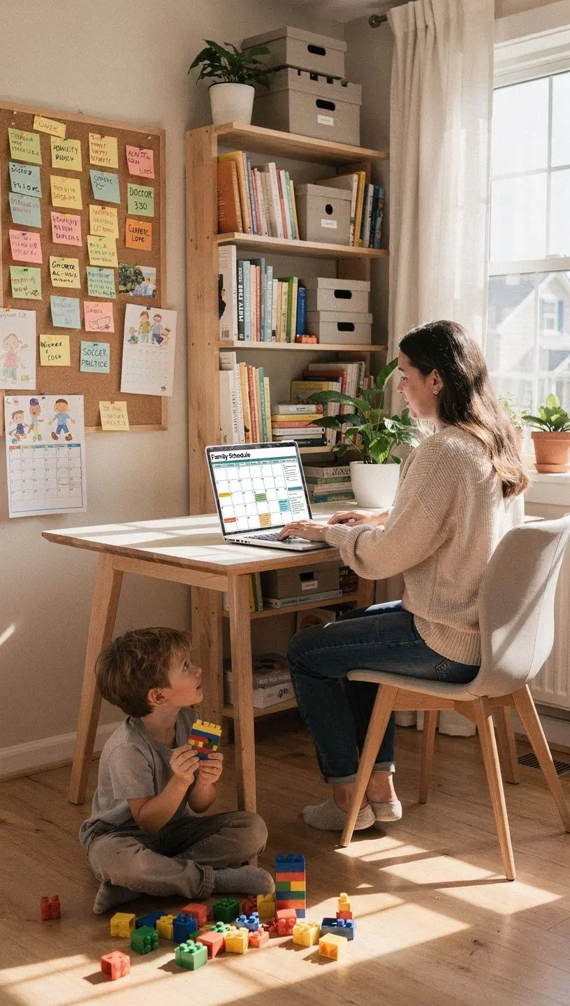 Een moeder die een kind helpt met huiswerk aan een opgeruimde tafel.