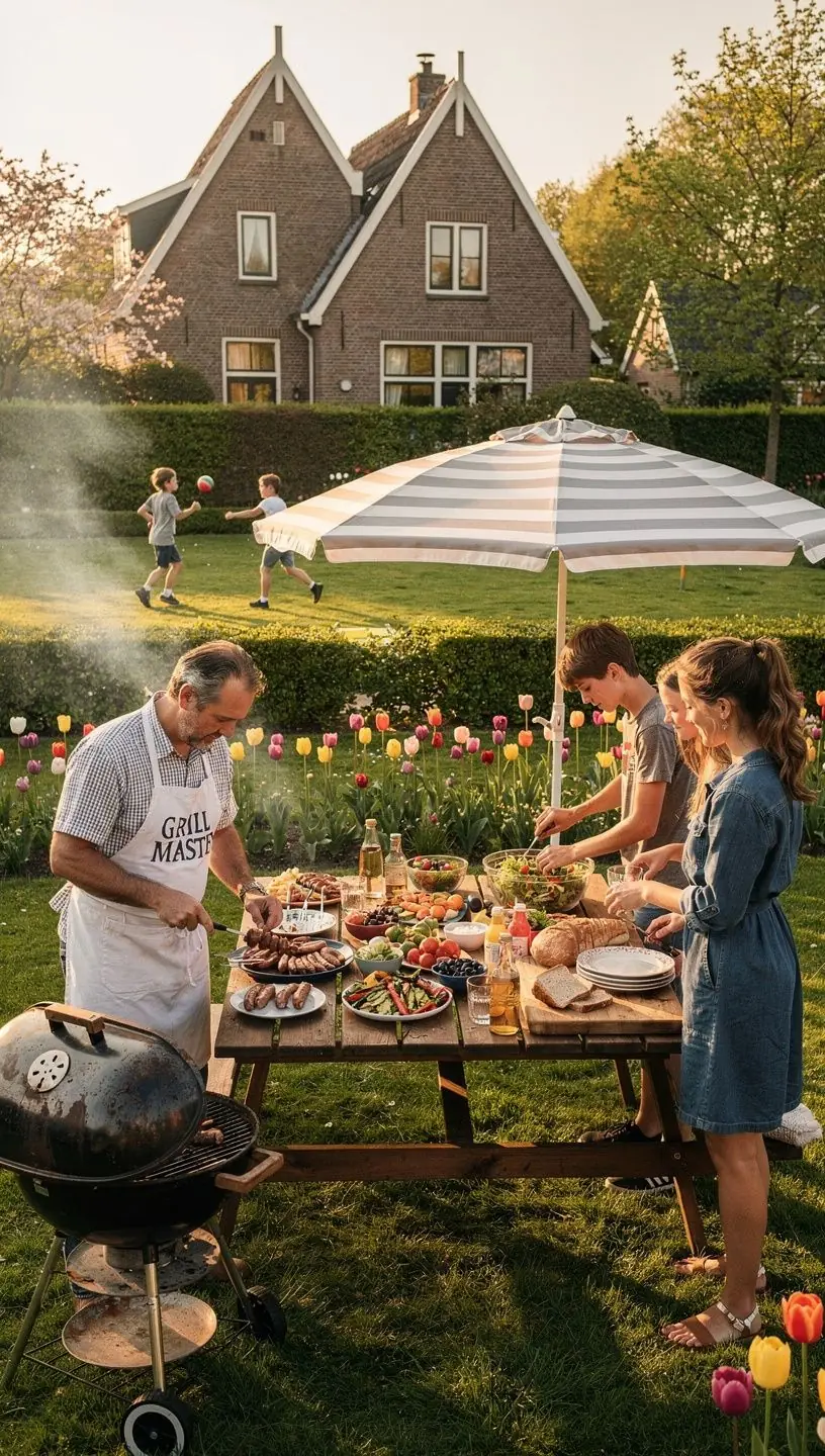 Een gezin dat samen buiten speelt in een goed onderhouden tuin.